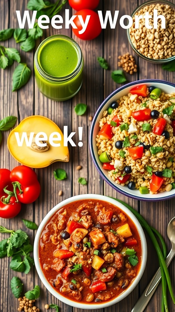 A vibrant display of vegan meals including a green smoothie, colorful salad, and a bowl of chili on a rustic table.